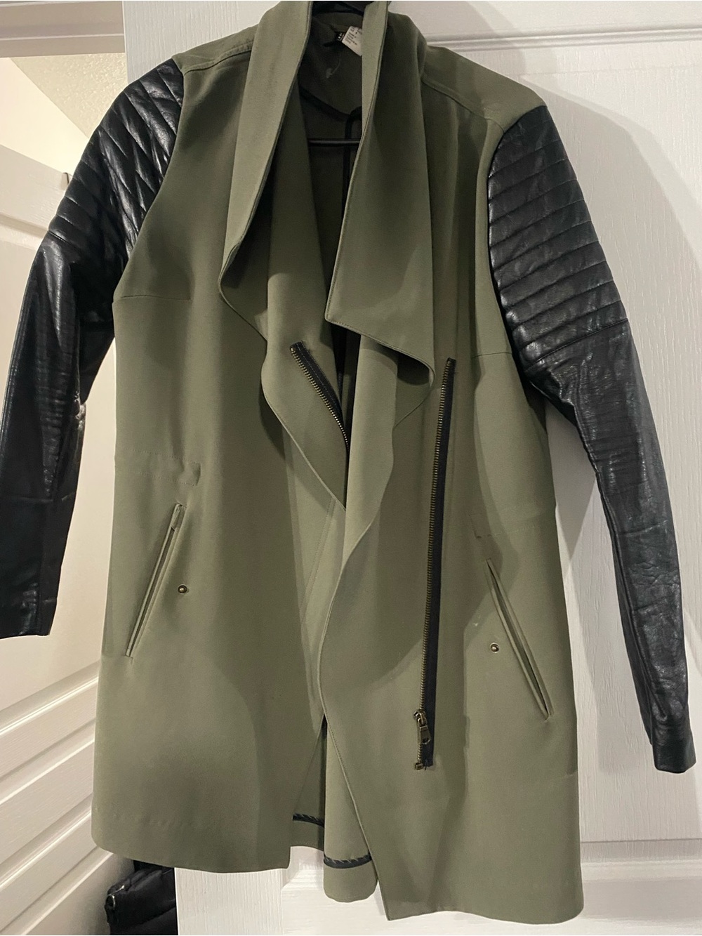 Olive Green Draped Coat with Black Quilted Sleeves